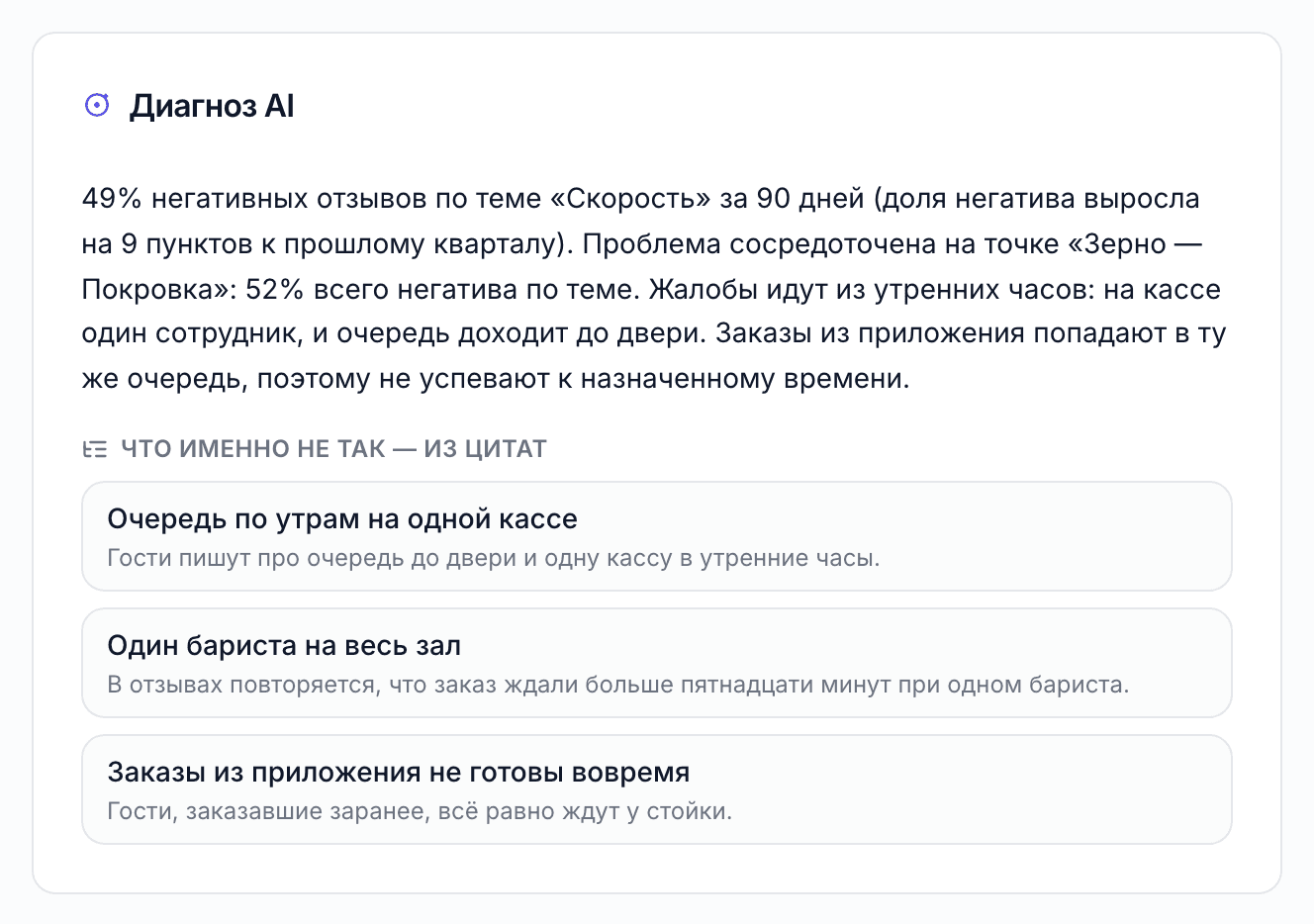 Причины по теме «Скорость»: доля негатива, динамика и конкретные причины из цитат отзывов