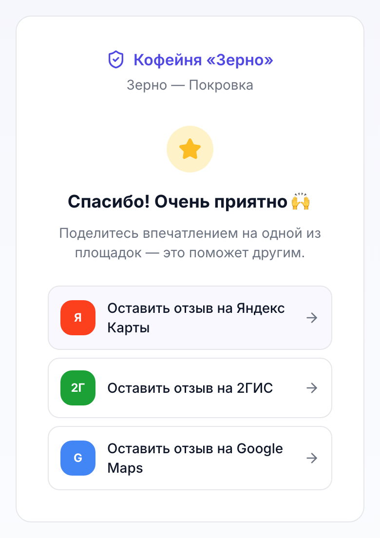 Страница оценки: благодарность и кнопки Яндекс Карт, 2ГИС и Google